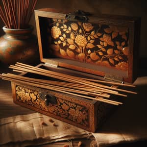 Antique Wooden Box with Golden Floral Patterns and Chinese Incense Sticks