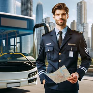 Professional Bus Driver Welcoming Passengers | Cityscape View