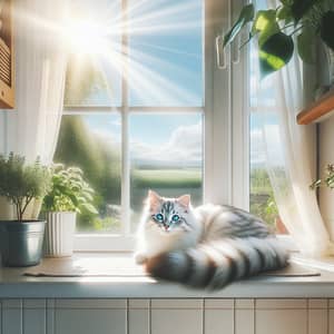 Fluffy White Cat with Bright Blue Eyes Resting on Window Sill
