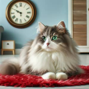 Gray and White Domestic Cat Sitting on Red Rug