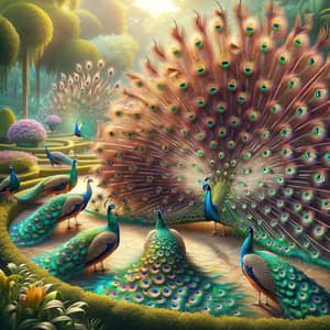 Stunning Peacocks Displaying Multifaceted Colors in Lush Garden