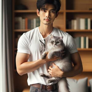 South Asian Man Holding Grey Cat - Casual Attire