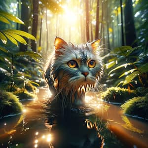 Cat Navigating Through Watery Forest