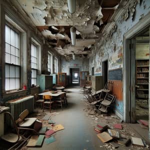 Abandoned School Hallway with Old Lockers and Scattered Books