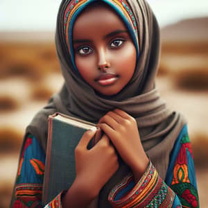 Young Somali Girl in Traditional Dress with Book | Beautiful Landscape