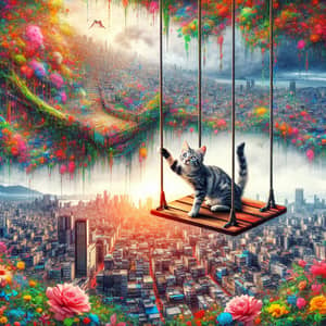 Colorful Cityscape Cat Swing | Lush Vegetation & Flowers