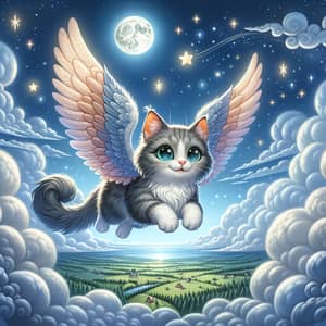 Whimsical Cat with Wings Soaring in Fantasy Sky