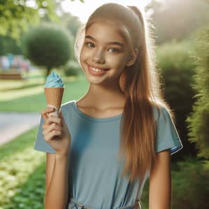 Smiling Girl Enjoying Ice Cream in Sunny Park