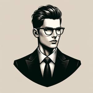 Stylish Black Suit Person with Slicked-Back Hair & Glasses