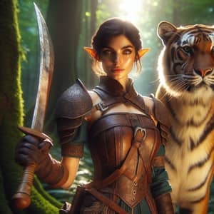 Middle-Eastern Female Elf with Wooden Sword and Big Cat in Ancient Forest