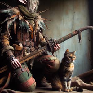 Elegant Earthy Elf with Wooden Sword Accompanied by Domestic Cat
