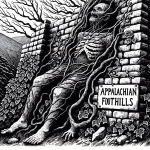 Horror Manga Illustration of Appalachian Foothills and Brick Wall