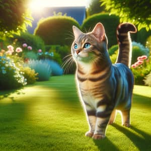 Proud Domestic Short-Haired Cat in Lush Garden | Blue-Eyed Tabby