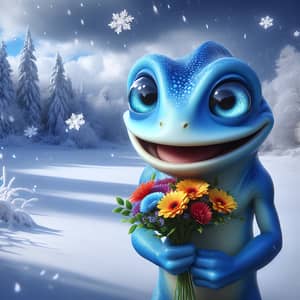 crazy frog gives a bouquet in winter