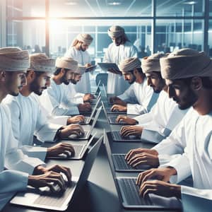 Omani Men Employees Working Together With Laptops