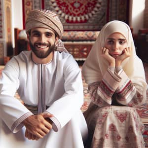 Traditional Omani Couple: Joyful Man and Sad Wife in Decorated Room