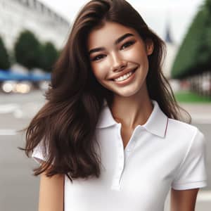 Cheerful Brunette Girl in White Polo Shirt