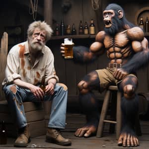 Rustic Tavern Encounter: Drunken Man and Muscular Ape-Man