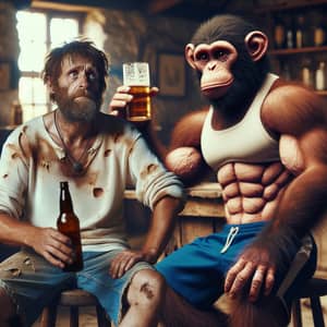 Man in Rustic Tavern with Primate-Human Hybrid Companion
