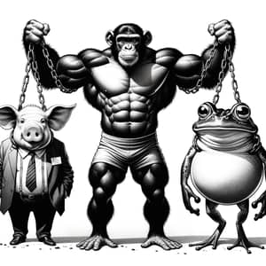 Muscular Chimpanzee Caricature With Humorous Pig and Frog