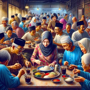 Traditional Malaysian Coffee Shop: Diverse Crowd with Malay Woman