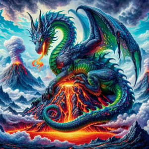 Fierce Dragon on Smoky Volcano - Mystical Fantasy Scene