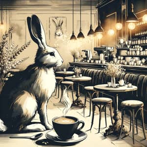 Cozy Café Scene with Hare in Black, White, and Gold | Tranquil Ambiance