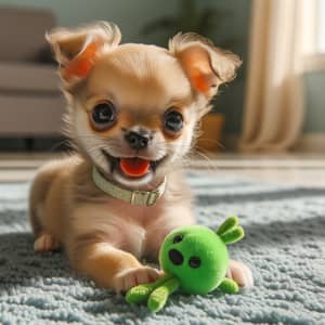 Adorable Chihuahua Puppy Playing with Green Squeaky Toy