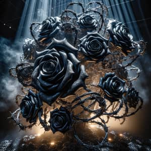 Intricate Coal-Black Rose Sculpture with Chrome Barbed Wire