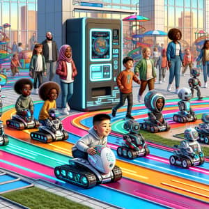 Futuristic Park: Children Racing Robotic Pets on Neon Tracks