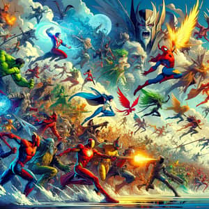 Epic Battle Scene with Diverse Superheroes - Comic Universe Showcase