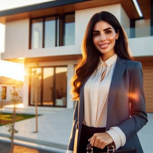 Confident Middle Eastern Female Realtor Selling Modern House