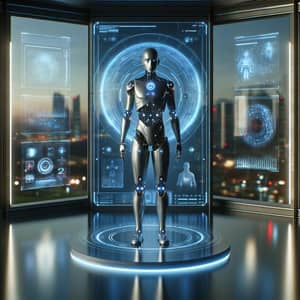 Futuristic Humanoid Robot Displaying Personal Data