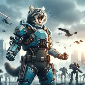 Courageous Cat in Blue Spacesuit: Mighty Meow in Dystopian Cyberpunk City