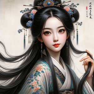 Exquisite Chinese Girl with Long Flowing Black Hair in Traditional Painting Style
