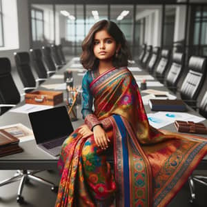 South Asian Girl in Vibrant Saree at Modern Office | Female Empowerment