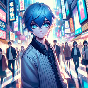 Expressive Anime Character with Blue Hair in Futuristic City