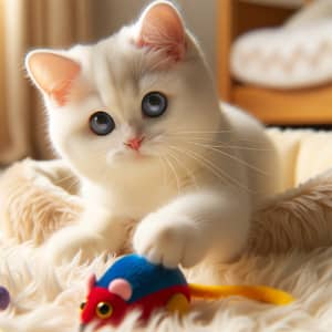Adorable White Cat Playing with Toy Mouse | Cozy Cat Bed
