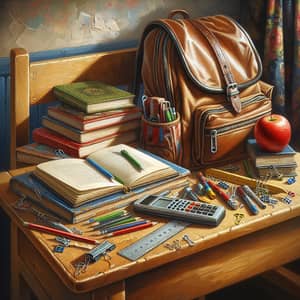 Vibrant Russian School Scene with Stationery Items on Polished Desk