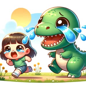 Asiatic Girl Chasing Sad Green Dinosaur | Illustration