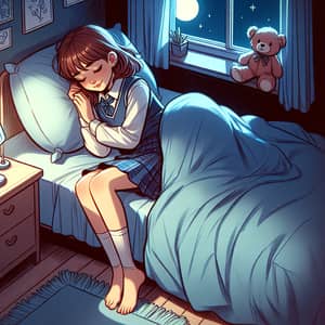 Young School Girl Asleep in Cozy Bed at Night