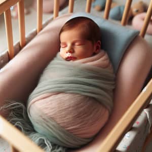 Adorable Newborn Baby in Soft Blanket in Wooden Crib