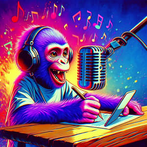 Playful Purple Monkey Podcasting Digital Painting - Vibrant Depiction