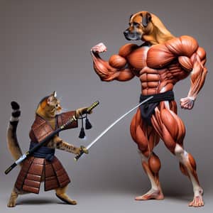 Samurai Cat vs Muscular Dog: Playful Battle Scene