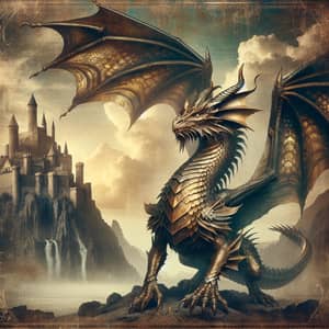 Majestic Dragon: Antique Gold and Bronze Scales | Old Castle Scene