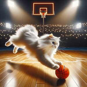 Fluffy White Cat in Exciting Basketball Game