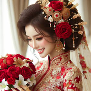Exquisite Asian Bride in Red and Gold Wedding Dress