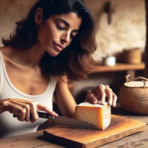 Hispanic Woman Cutting Cured Manchego Cheese | Expertise Illustrated