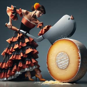 Hispanic Woman in Flamenco Dress Cuts Large Cheese