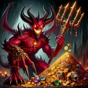 Demonic Entity with Trident and Wealth in Dark Cave